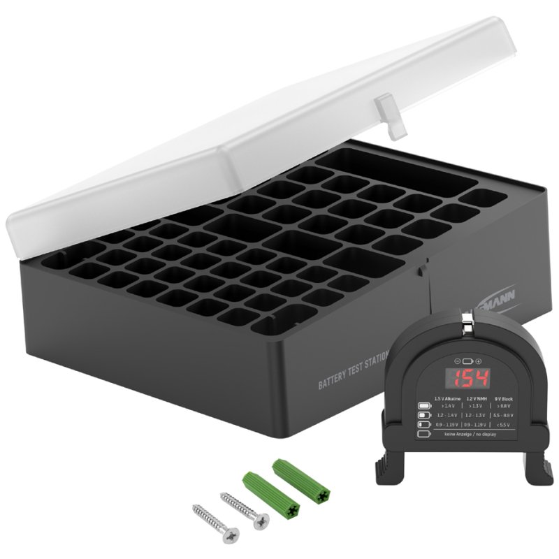 ANSMANN boîte de rangement pour piles avec testeur de piles, noir/transparent, fixation murale
