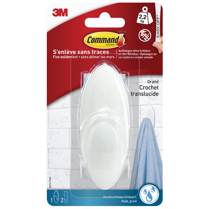 Command crochet de salle de bain, blanc, grand, résistant à l'eau