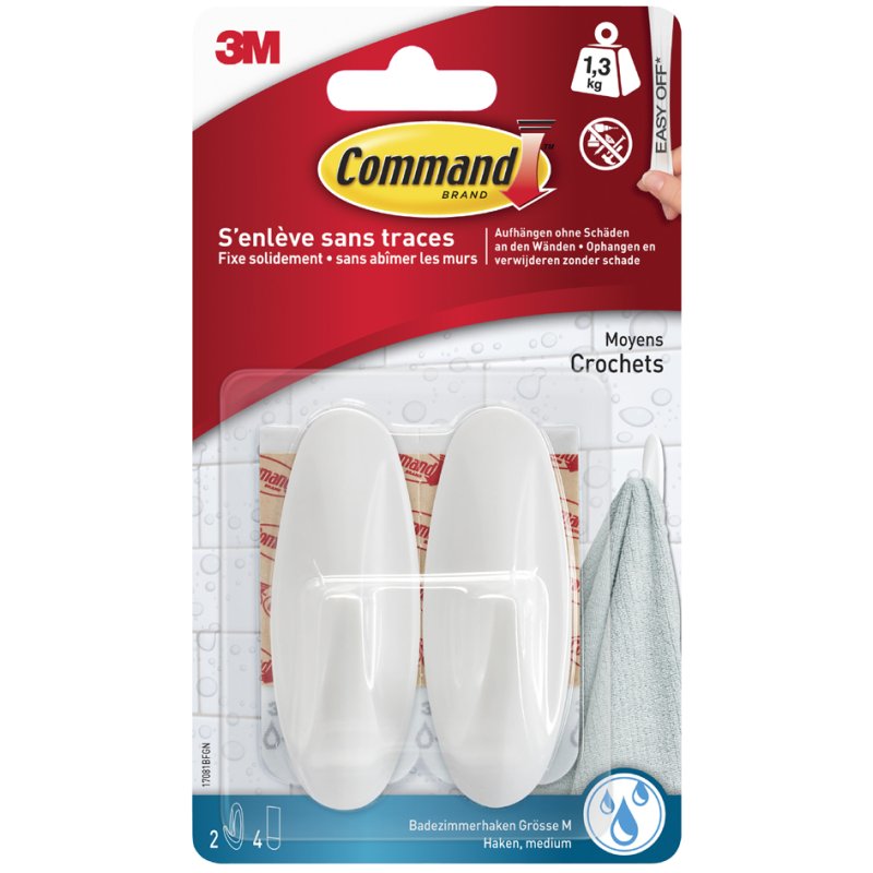 Command crochets de design salle de bain, blanc, grand, capacité de charge 2,2 kg