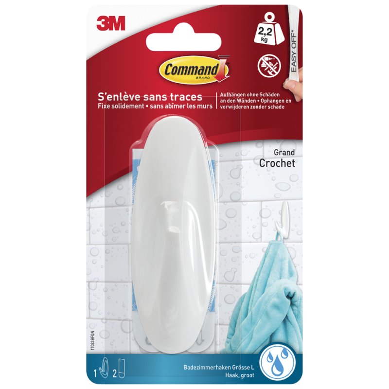Command crochets de design salle de bain, blanc, grand, capacité de charge 2,2 kg