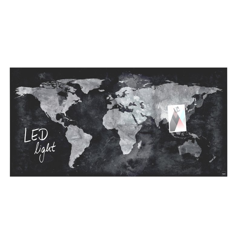 sigel tableau magnétique en verre artverum LED light carte du monde, verre de sécurité, 130×55 cm