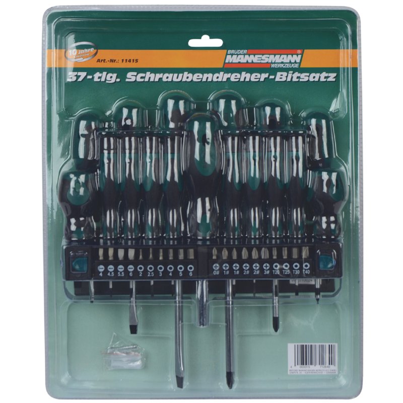 BRÜDER MANNESMANN GREEN LINE screwdriver set, 37-piece, with bits, wall holder