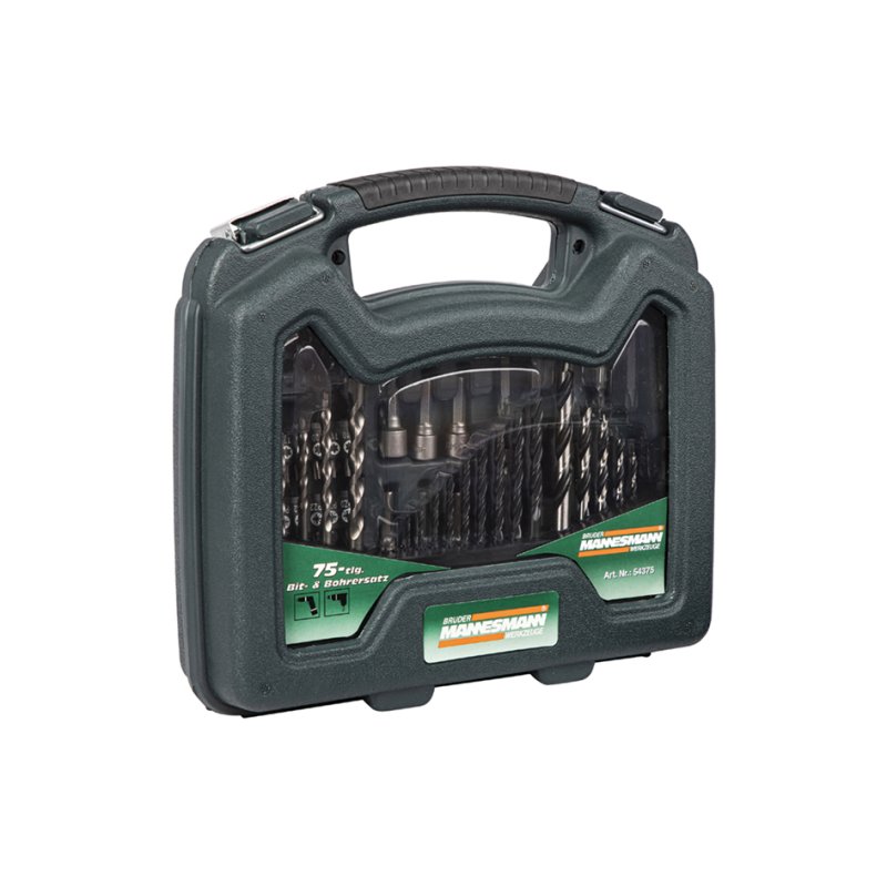 BRÜDER MANNESMANN GREEN LINE drill and bit set, 75-piece, black/green, in case