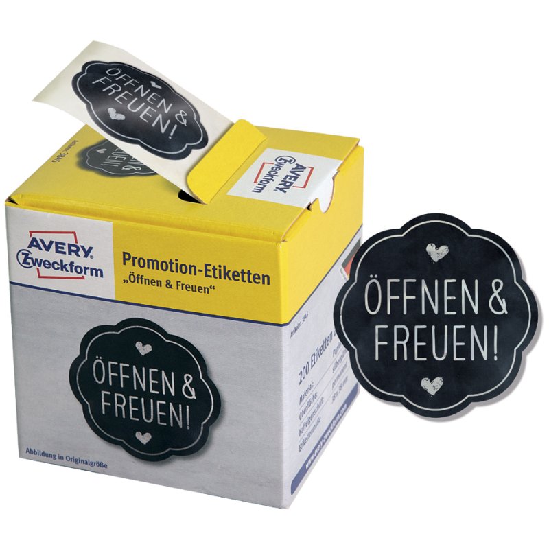 AVERY Zweckform promotional stickers 'Open & Enjoy', black, 38 mm, 200 pieces
