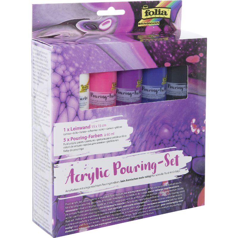 folia Ensemble Acryl Pouring Intensif, 5 couleurs, toile 20×20 cm, 5×60 ml