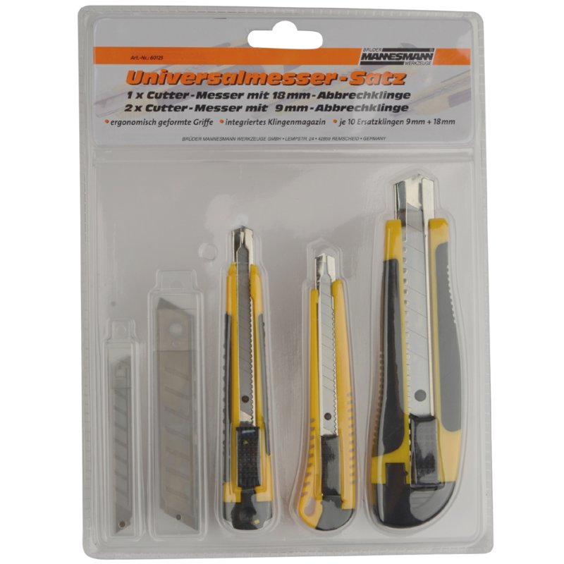 BRÜDER MANNESMANN utility knife set, 3-piece, black/yellow, with spare blades