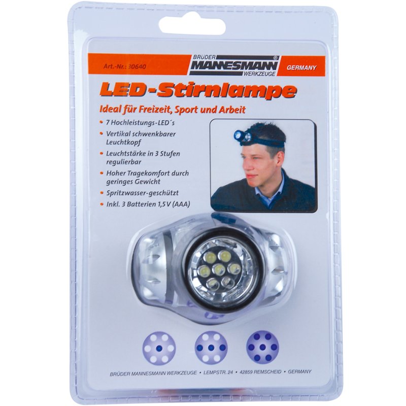 BRÜDER MANNESMANN LED hoofdlamp zwenkbaar, 7 LEDs, waterproof, 3 lichtsterktes