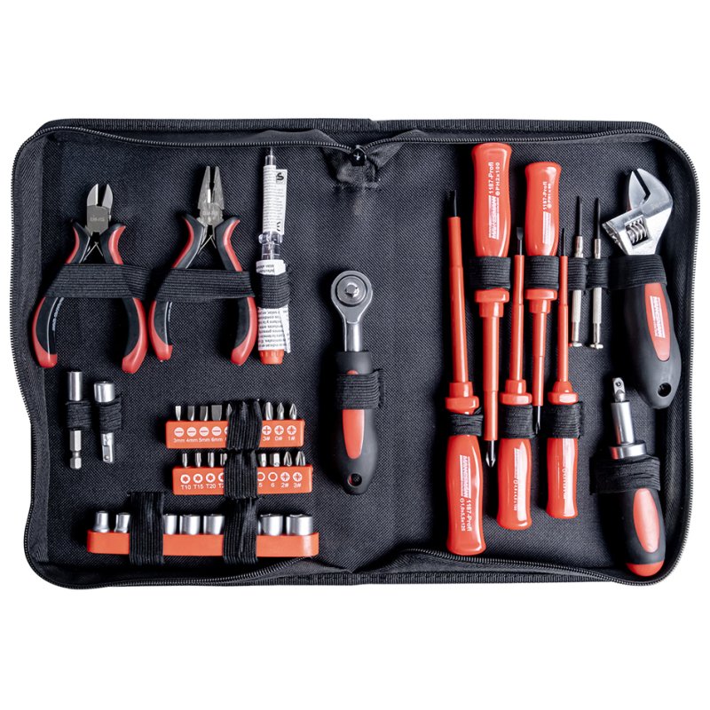 BRÜDER MANNESMANN GREEN LINE coffret d'outils électronique, 45 pièces, rouge/noir