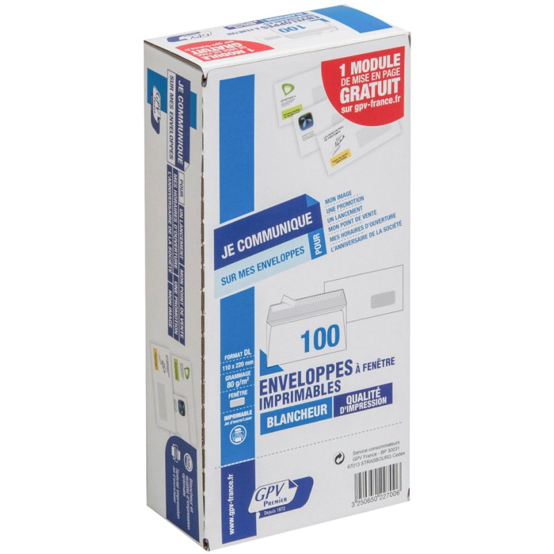 GPV enveloppes à fenêtre 110 × 220 mm, auto-adhésives, blanches, 100 pièces