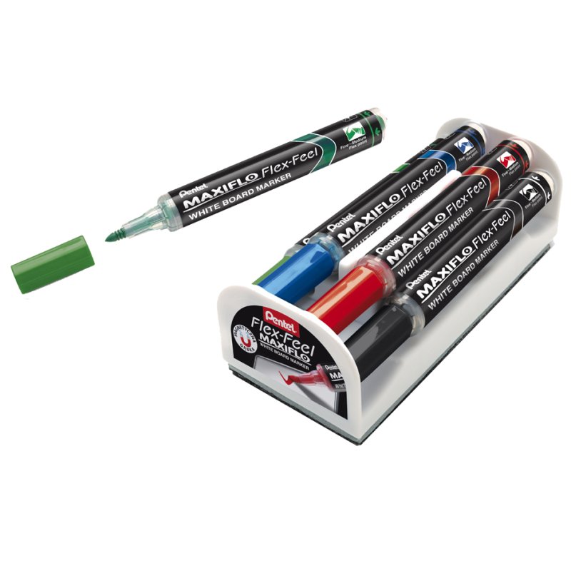 Pentel whiteboard markers Maxiflo Flex-Feel, 4 pieces, with eraser and magnetic holder