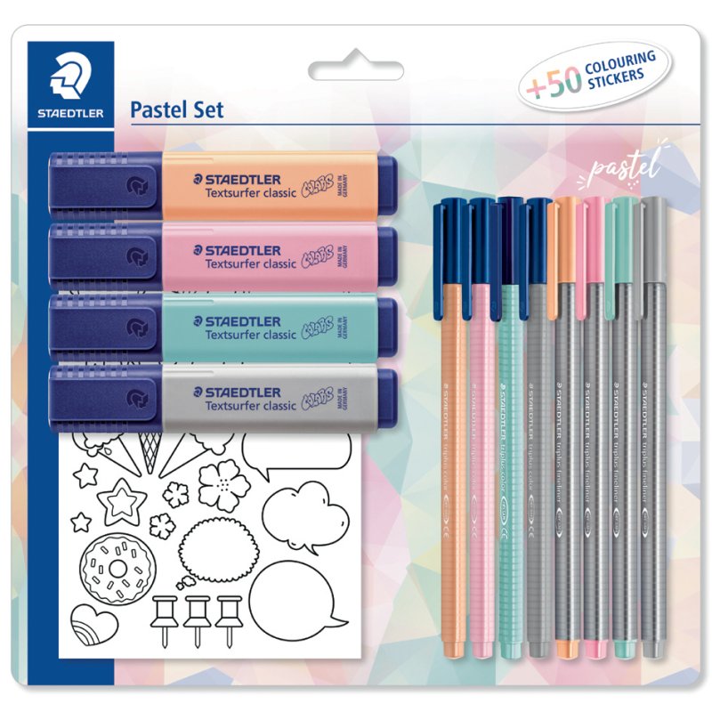STAEDTLER pastel writing set, 4 highlighters, 4 fineliners, 4 felt-tip pens, 50 colour stickers
