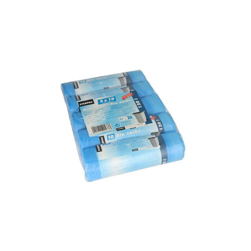 STARPAK sacs poubelle HDPE avec cordon, 120 litres, bleu, 50 pièces