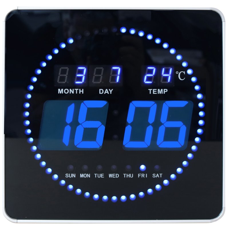 UNiLUX LED wall clock FLO, black, date and temperature, 280×280 mm
