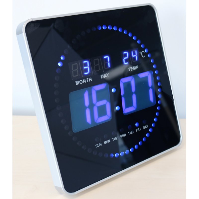 UNiLUX LED wall clock FLO, black, date and temperature, 280×280 mm