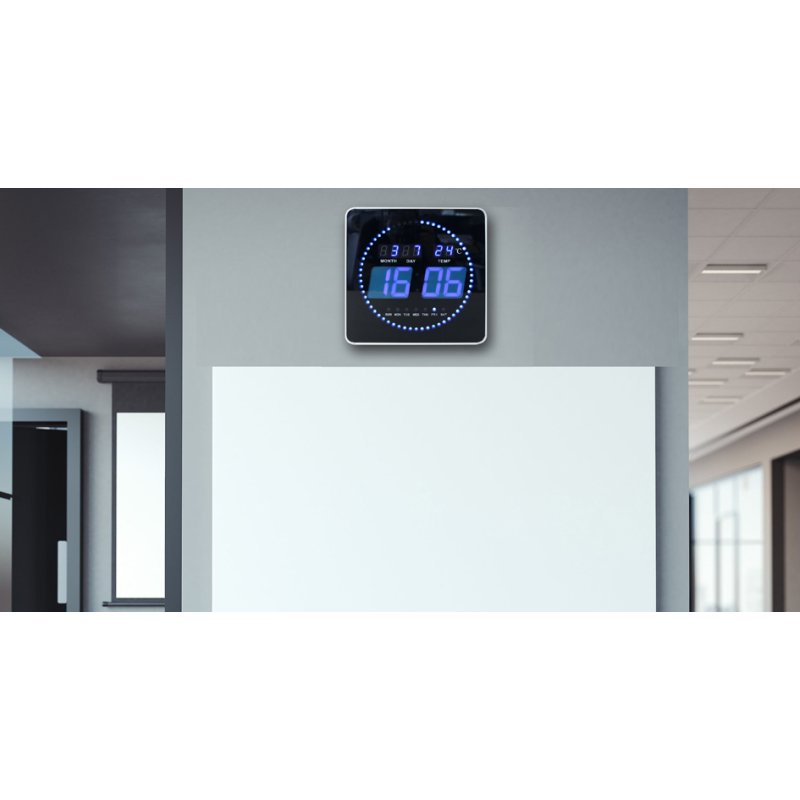 UNiLUX LED wall clock FLO, black, date and temperature, 280×280 mm