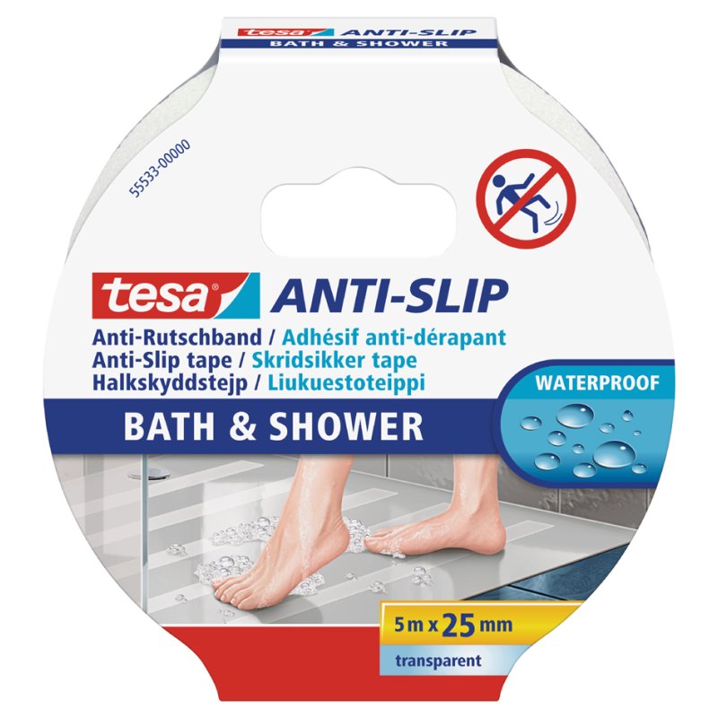 tesa bande antidérapante salle de bain douche, transparent, 25 mm × 5 m