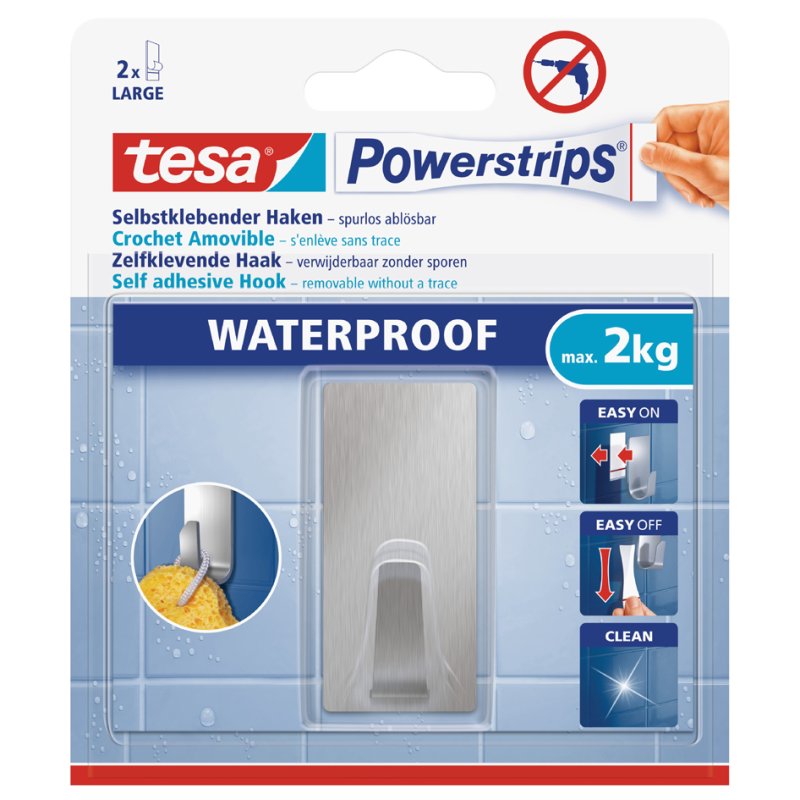 tesa Powerstrips crochets WATERPROOF Small métal, rectangulaire, 2 crochets + 2 bandes