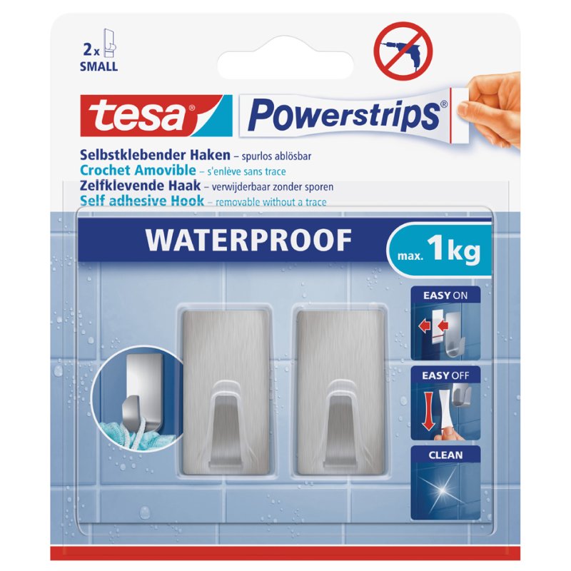 tesa Powerstrips crochets WATERPROOF Small métal, rectangulaire, 2 crochets + 2 bandes