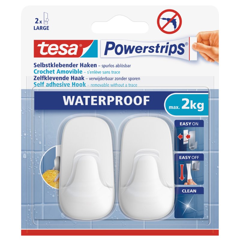 tesa crochets adhésifs étanches petits, plastique blanc, 3 crochets + 4 bandes