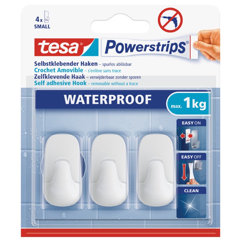 tesa crochets adhésifs étanches petits, plastique blanc, 3 crochets + 4 bandes