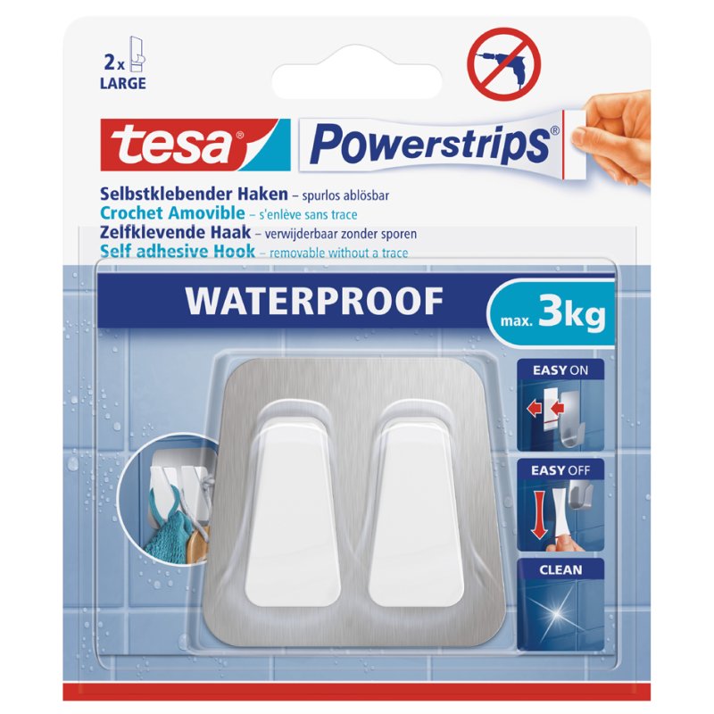 tesa Powerstrips crochets waterproof petit, métal/plastique, 2 pièces