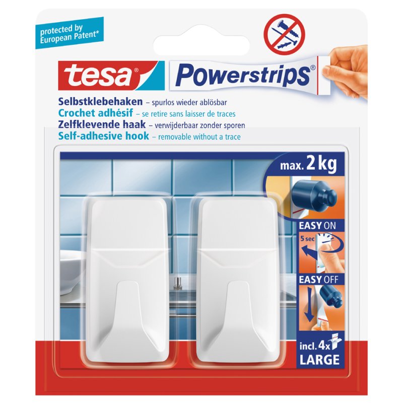 tesa Powerstrips crochets large rectangulaire, blanc, réutilisable, 2 pièces
