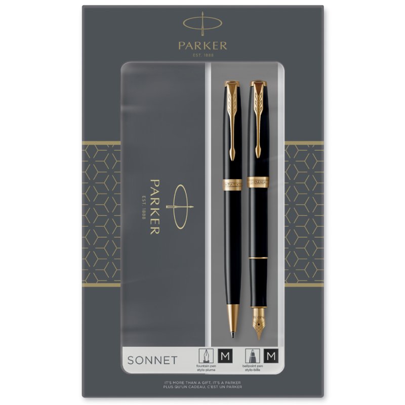 PARKER Sonnet schrijfset, zwart gelakt, gouden clip, balpen en vulpen