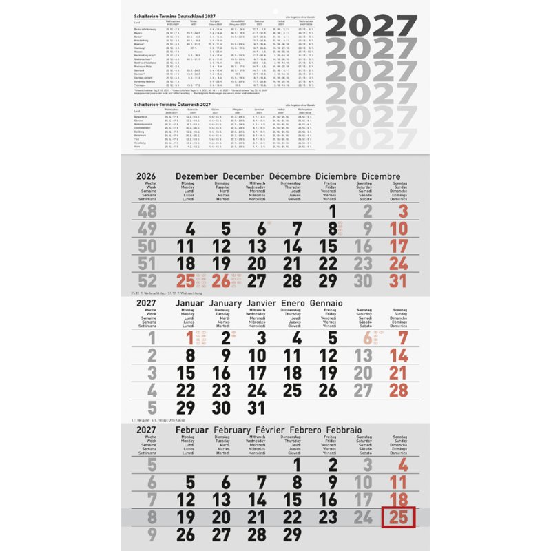 Glocken calendrier mural 3 mois, 290 × 520 mm, gris
