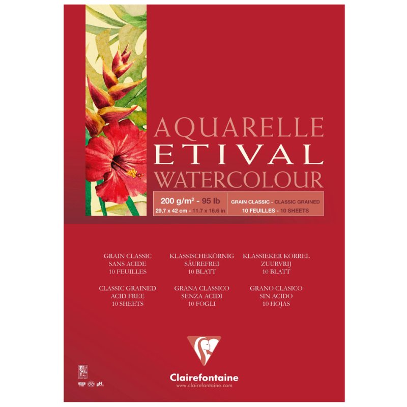 Clairefontaine papier aquarelle bloc à graver Etival, A4, 200 g/m², 10 feuilles