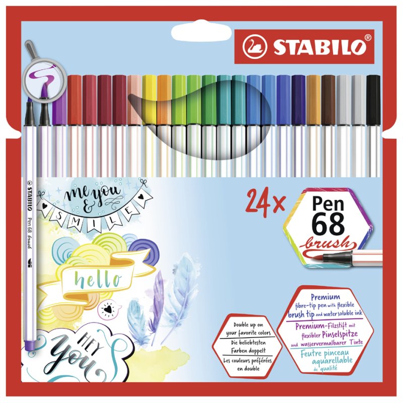 STABILO feutres Pen 68 brush, pointe pinceau flexible, 24 pièces