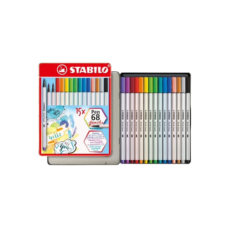 STABILO feutres Pen 68 brush, pointe pinceau flexible, 25 pièces, étui métal