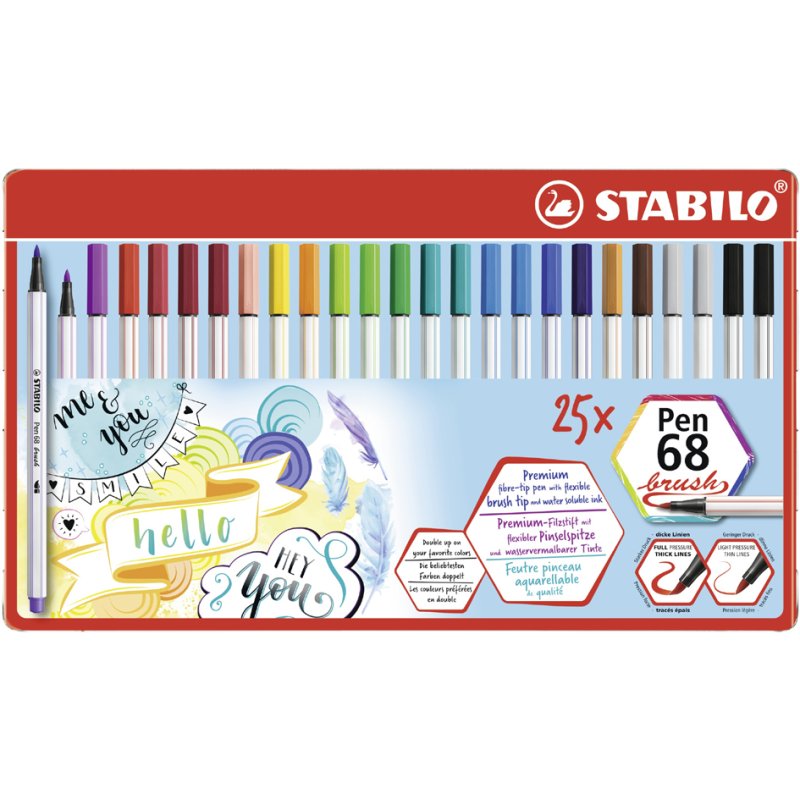 STABILO feutres Pen 68 brush, pointe pinceau flexible, 25 pièces, étui métal