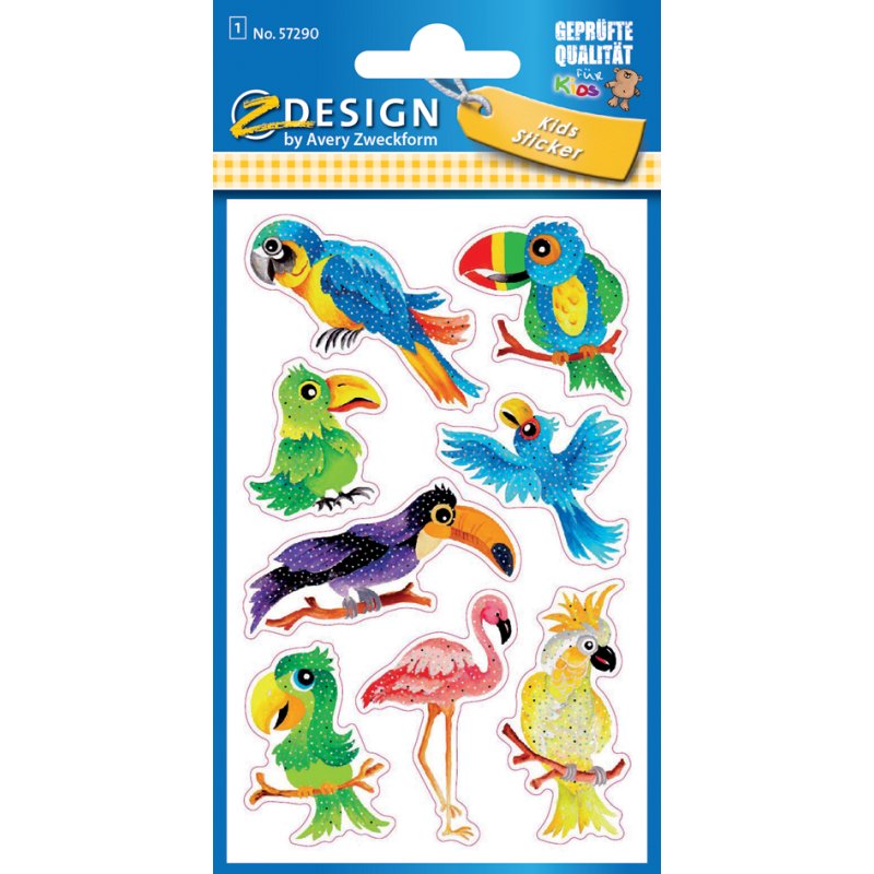AVERY Zweckform glitter-stickers Vogels, transparant, 76×120 mm, 8 stuks