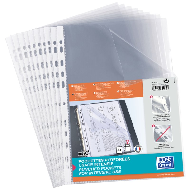 Pochettes de documents Oxford Standard A4, PP 0,09 mm, cristal clair, 50 pièces