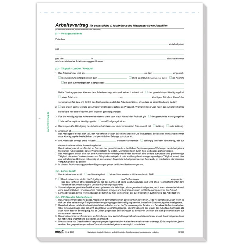 RNK Verlag employment contract form, white/green, commercial/administrative, A4, 10 pieces