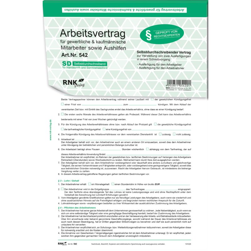RNK Verlag employment contract form, white/green, commercial/administrative, A4, 10 pieces