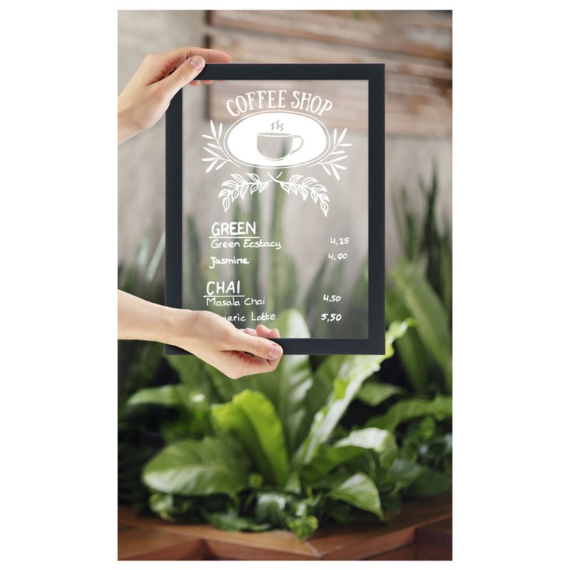 Securit tableau noir WOODY, verre avec cadre bois, noir, 300×400 mm