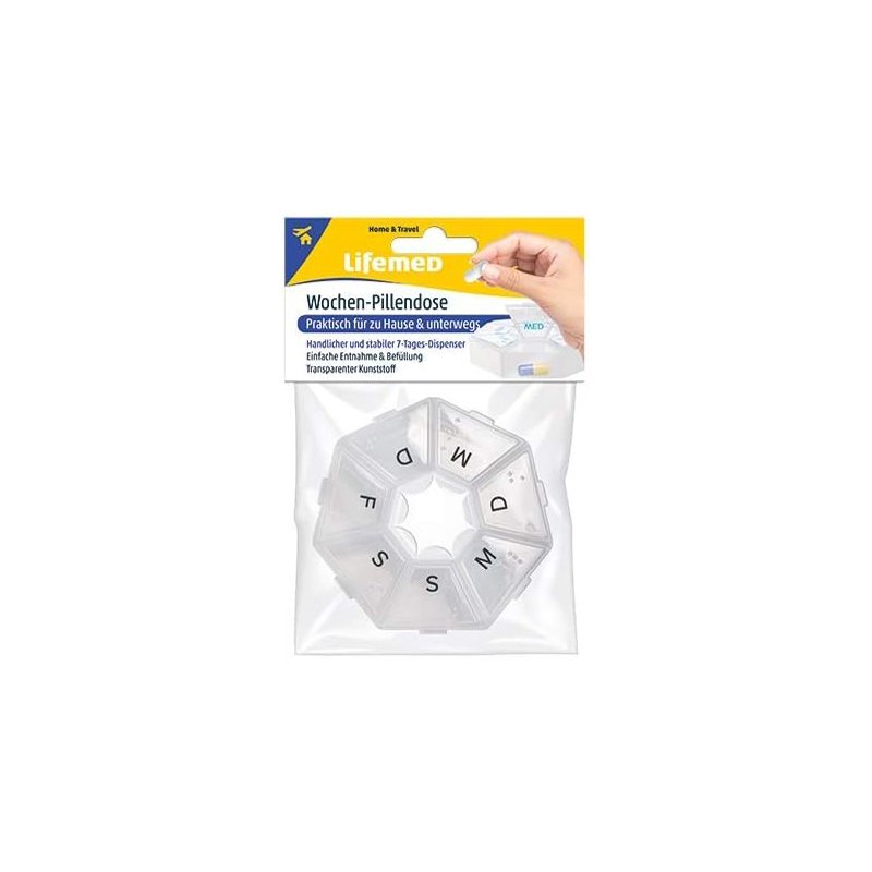 Lifemed weekpildoos, transparant/blauw, 7 dagen, 75×75×17 mm