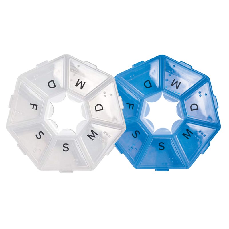 Lifemed weekpildoos, transparant/blauw, 7 dagen, 75×75×17 mm