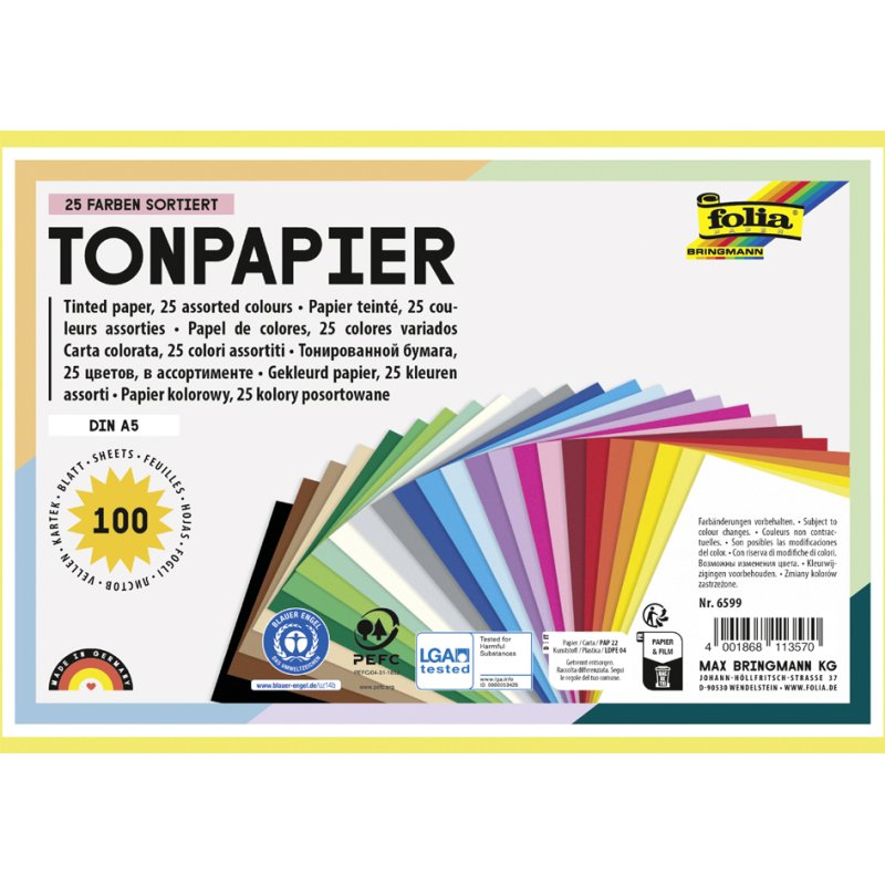 folia gekleurd tekenpapier A5, 130 g/m², 25 kleuren gesorteerd, 100 vel