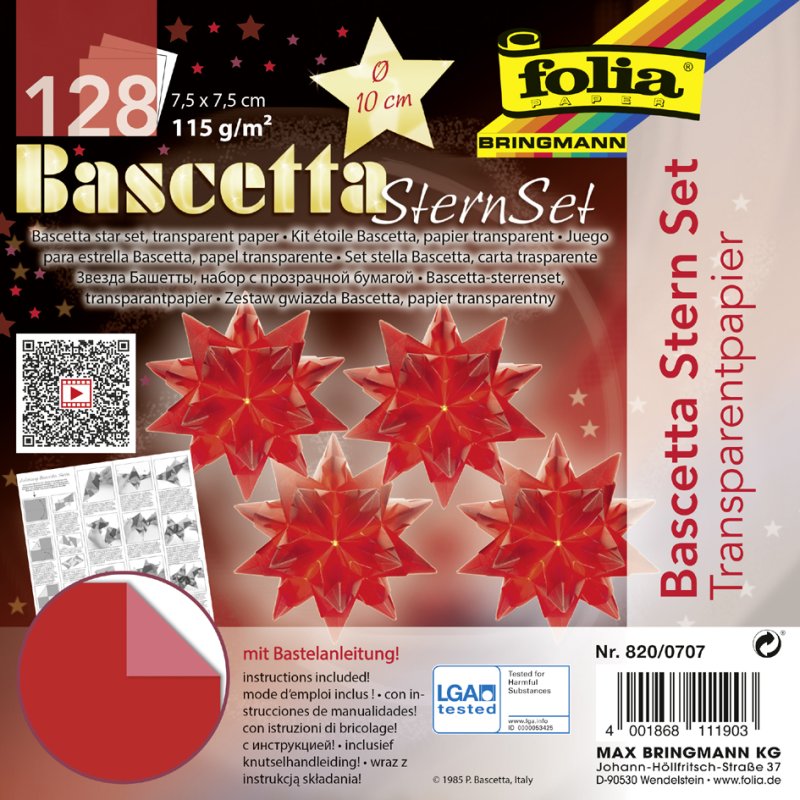 folia vouwblaadjes Bascetta-ster, 75×75 mm, rood, 128 vel