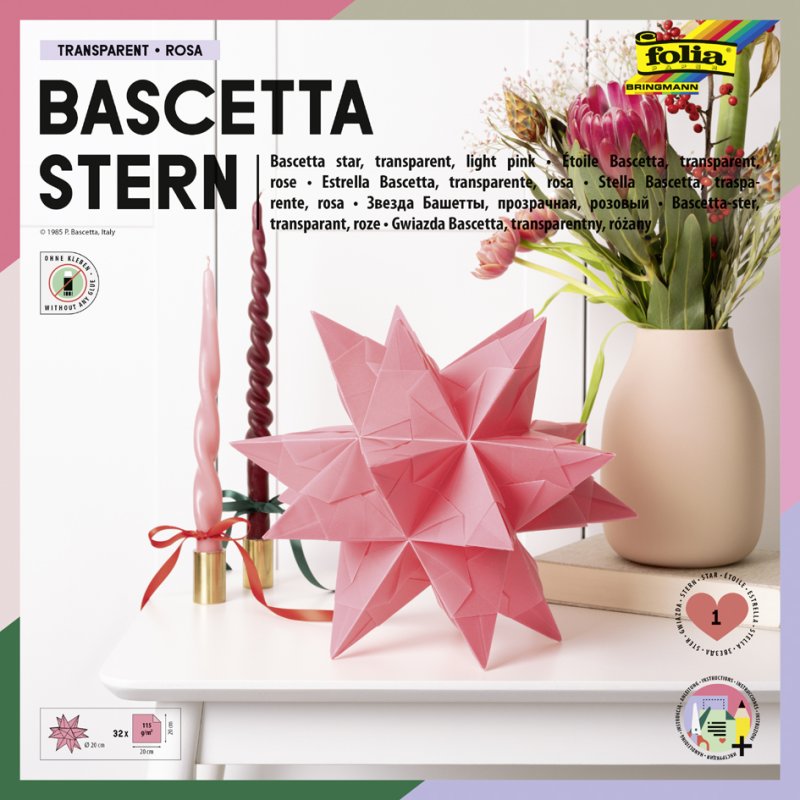 folia vouwblaadjes Bascetta-ster, 200×200 mm, roze, 32 vel