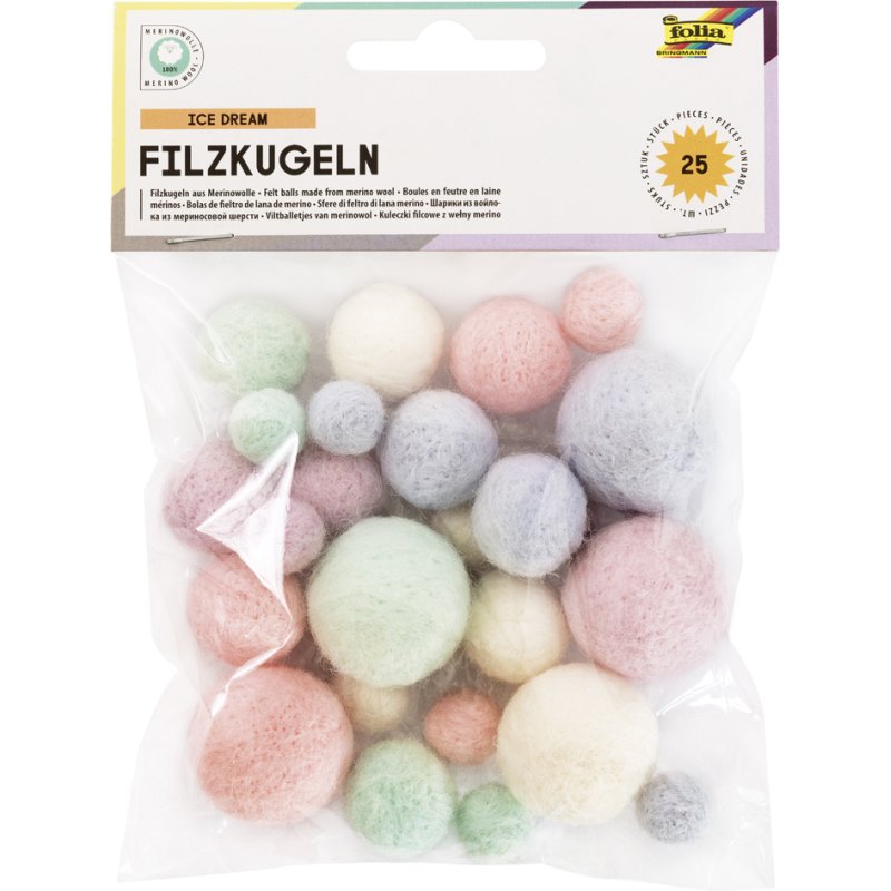 folia viltkogels ICE DREAM merinowol, pastelkleuren, 3 maten, 25 stuks