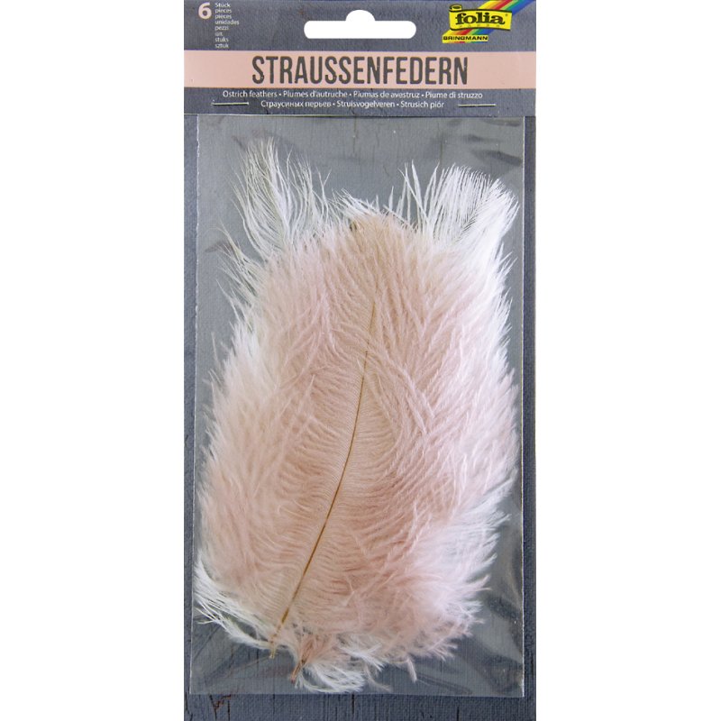 folia geverfde struisvogelenveren, 150-200 mm, lichtgrijs/wit/roze, 6 stuks