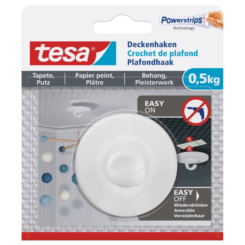 tesa Powerstrips ceiling hook, white, reusable, 0.5 kg, 1 hook + 3 strips