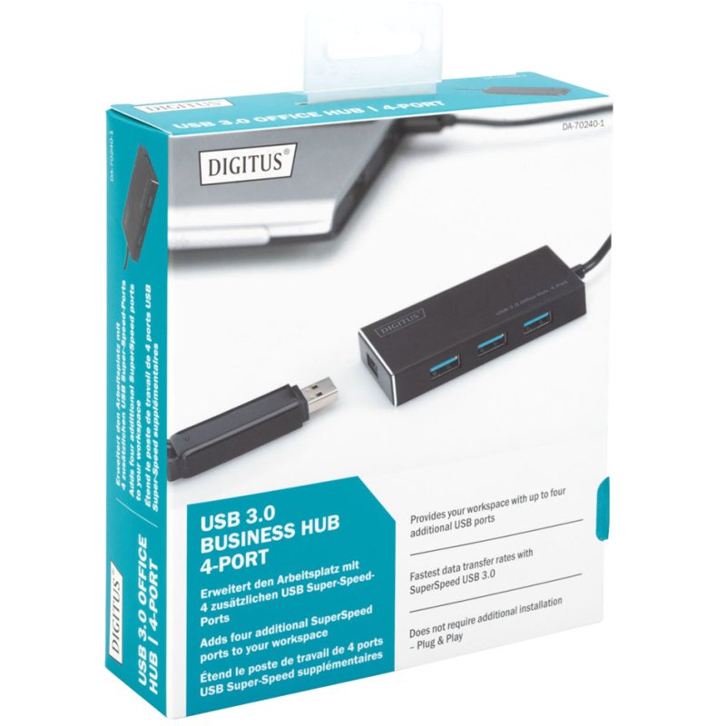 DIGITUS USB 3.0 hub with power supply, 4 ports, black, 5 Gbps