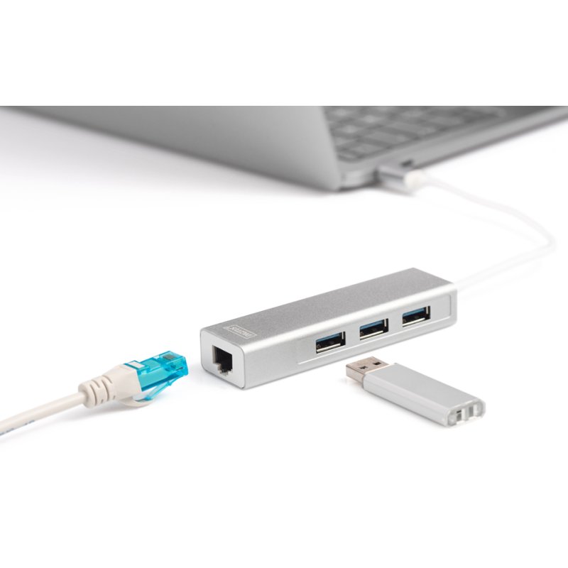 DIGITUS Concentrateur USB 3.0 haute vitesse, 3 ports + ethernet, argent
