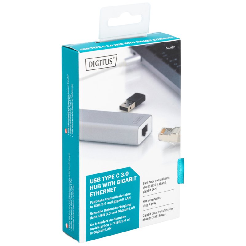 DIGITUS Concentrateur USB 3.0 haute vitesse, 3 ports + ethernet, argent