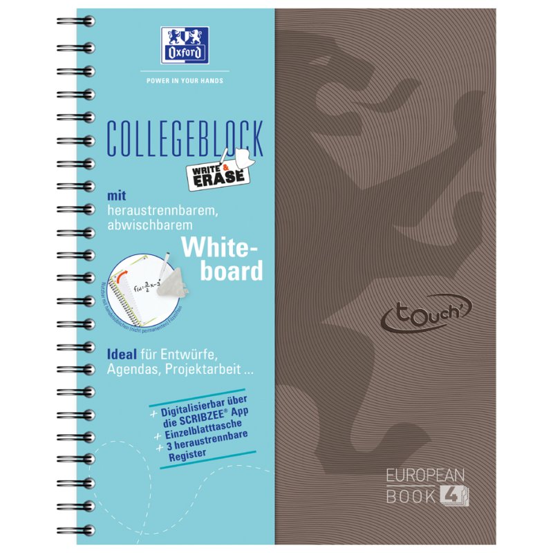 Oxford Touch notitieboek A4+, uitwisbaar, geruit, bruin