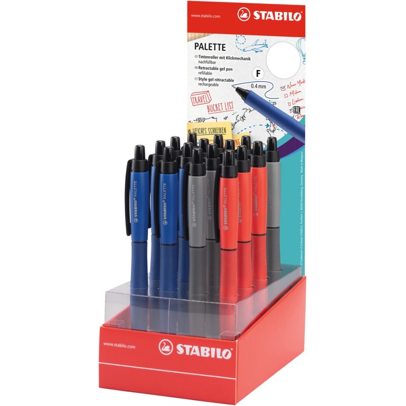 STABILO Palette display gel rollerballs, push button, 0.4 mm, pack of 16